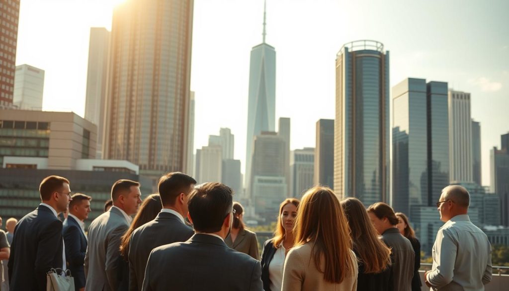 A bustling urban landscape, with towering skyscrapers and modern office buildings in the background. In the foreground, a group of affluent-looking individuals in business attire are gathered, engaged in a professional discussion. The lighting is warm and inviting, casting a glow over the scene. The camera angle is slightly elevated, creating a sense of grandeur and importance. The overall atmosphere conveys a sense of substantial investment, financial opportunity, and entrepreneurial spirit.