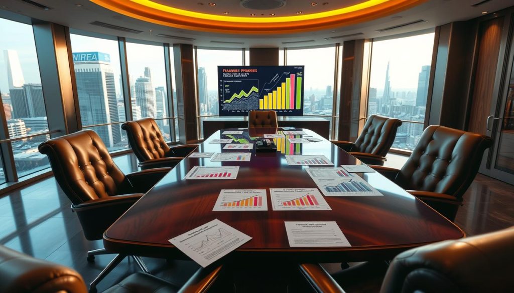 An opulent office interior with large windows overlooking a bustling city skyline. Elegant leather chairs surround a gleaming mahogany conference table, where documents and graphs depicting franchise opportunities and their high ROI potentials are laid out. The lighting is warm and inviting, casting a soft glow across the space. A large screen at the head of the table displays vibrant visualizations of franchise growth trajectories and profit margins. The atmosphere conveys a sense of sophisticated business acumen and promising investment prospects.